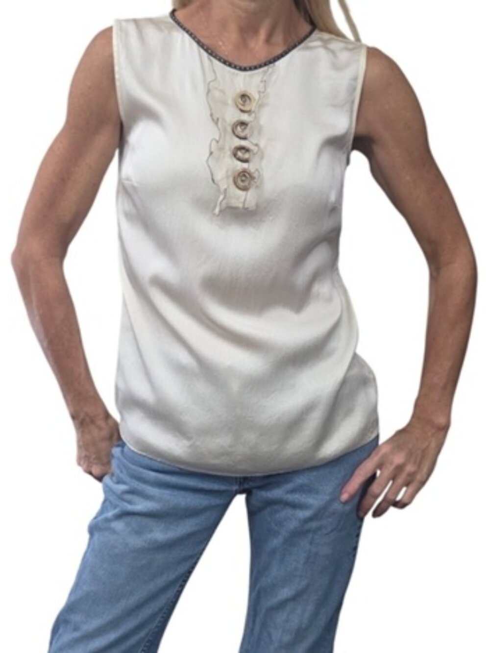 Elie Tahari Silk Blouse Ivory Ruffle Embellished Sleeveless Top